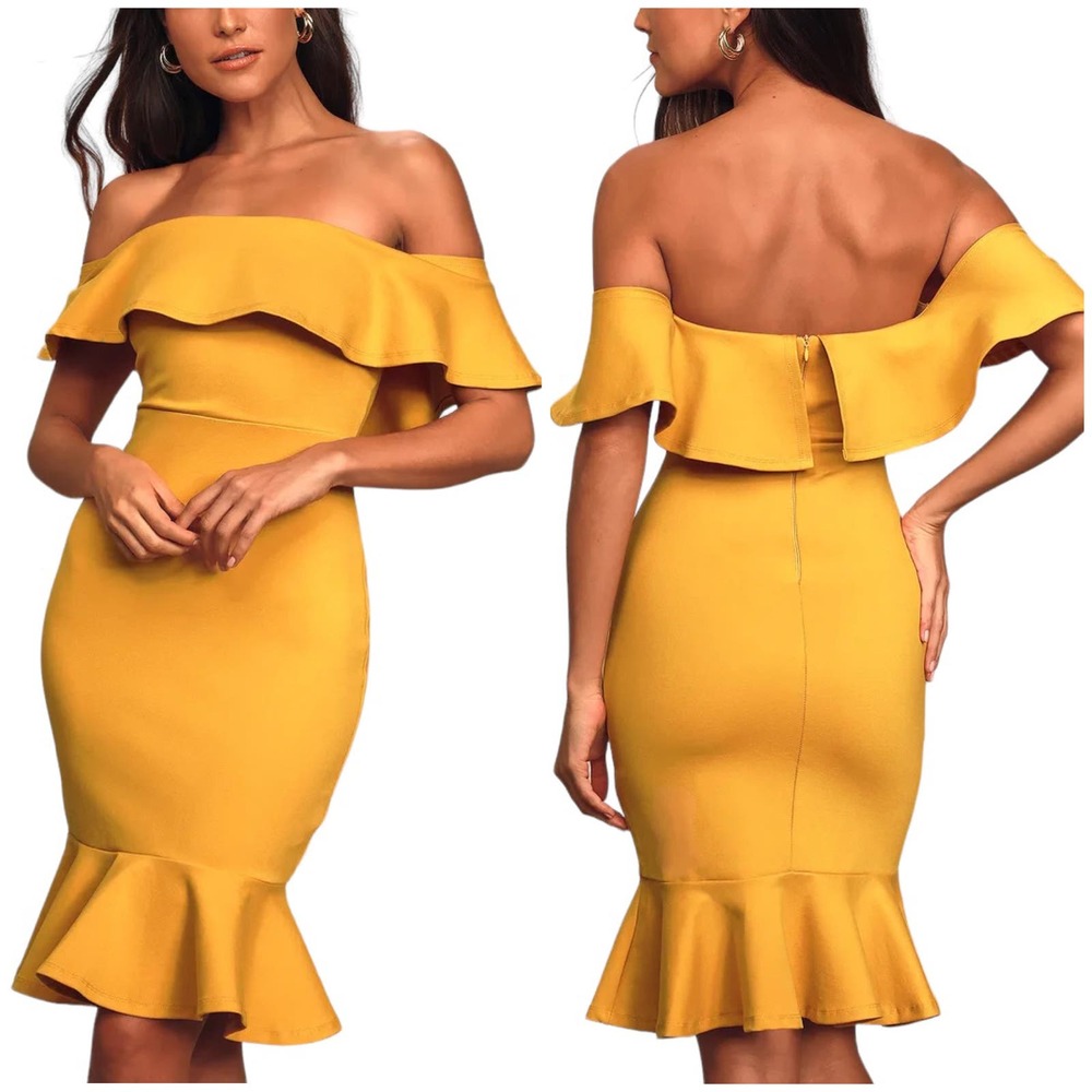 Lulu's Mustard Yellow Off-Shoulder Ruffle Mermaid Dress